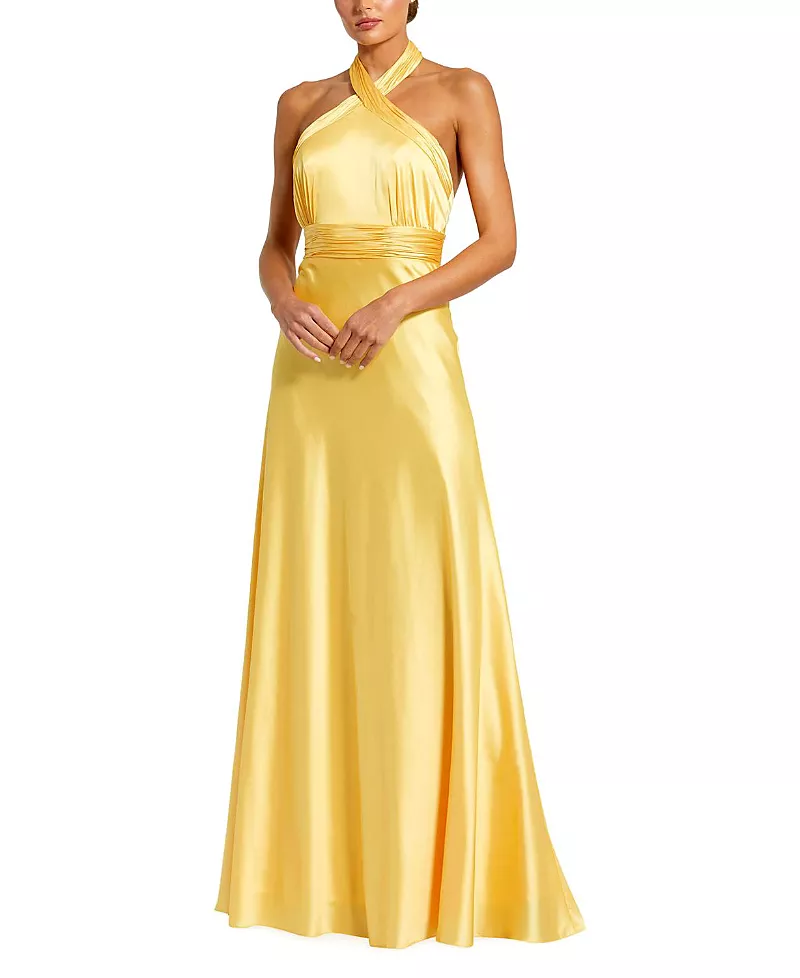 Mac Duggal Ruched Halter Neck Tie Back Satin Gown