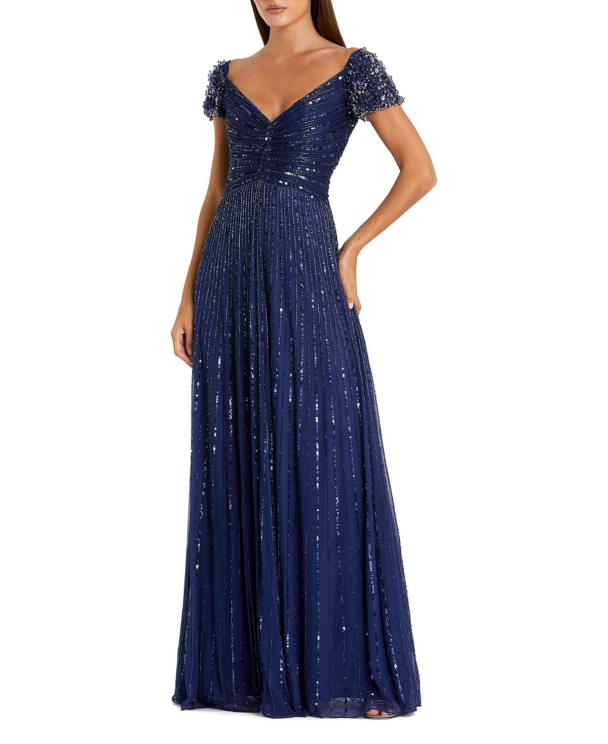 Mac Duggal Striped Sequin Mesh Gown With Beaded Shoulders