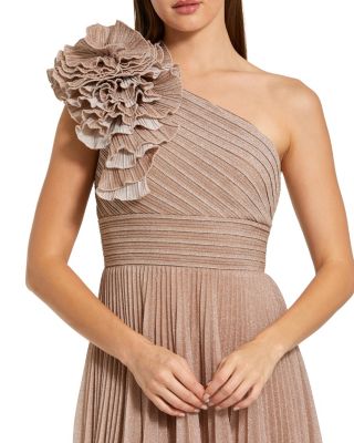  Pleated Metallic One Shoulder Gown with Ruffle