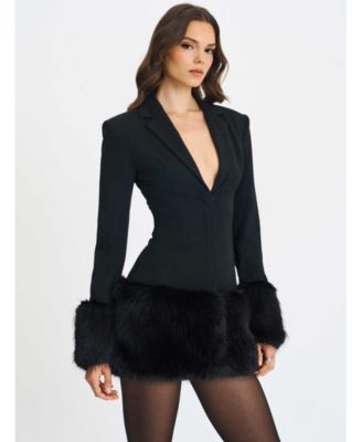  Wenona Fur Trimmed V-Neck Mini Blazer Dress