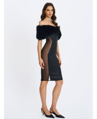  Bellis Fur Trim Mesh Panel Off-Shoulder Midi Dress