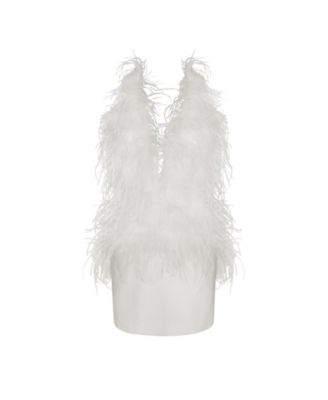  Quisten Feathered Plunging Halter Mini Dress