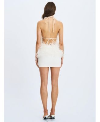  Quisten Feathered Plunging Halter Mini Dress
