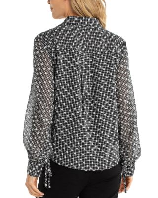 Long Sleeve Collared Woven Blouse with Sleeve Tie Detail