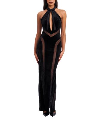  Paityn Velvet Mesh Cutout Halter Gown