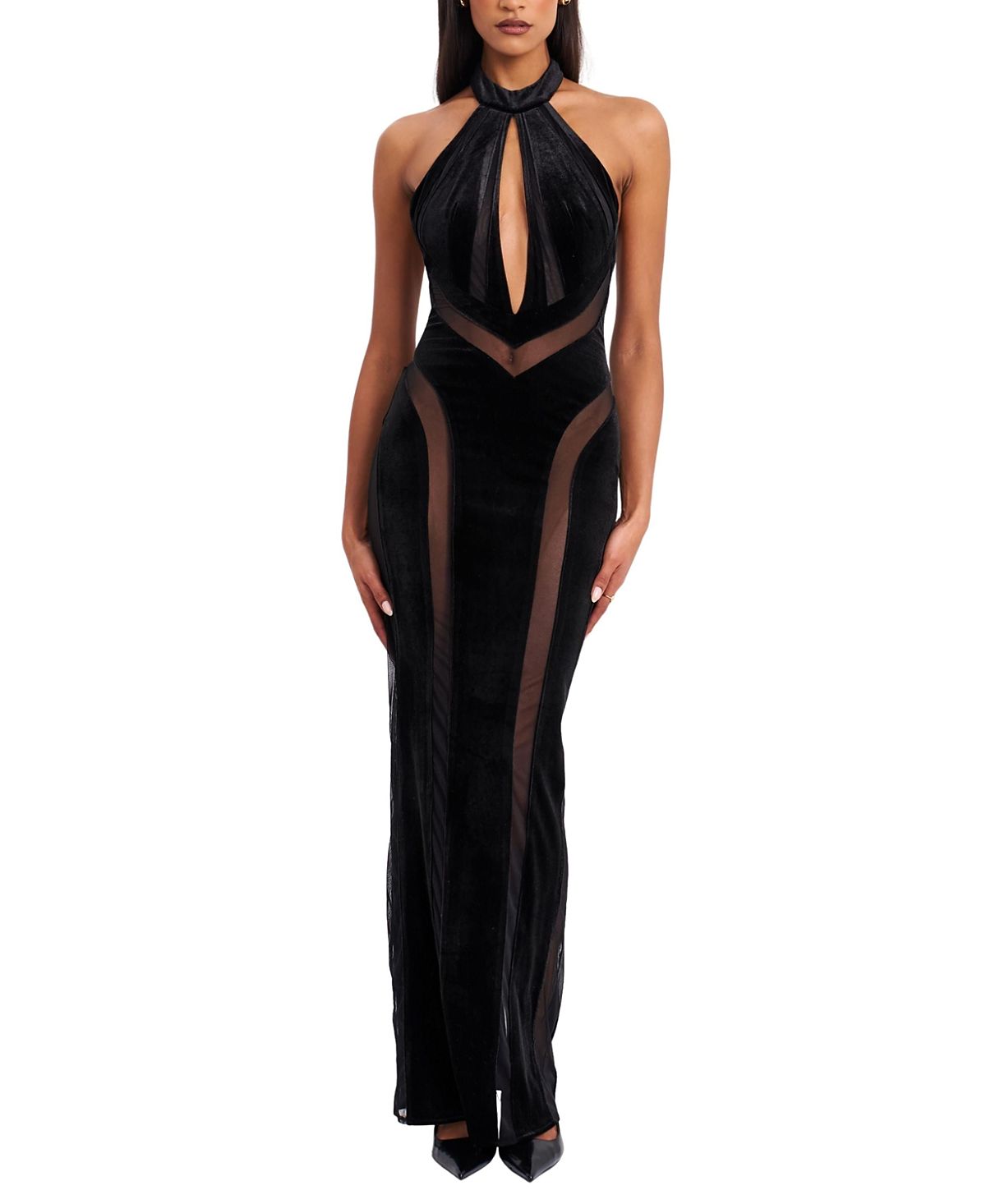 Miss Circle Paityn Velvet Mesh Cutout Halter Gown