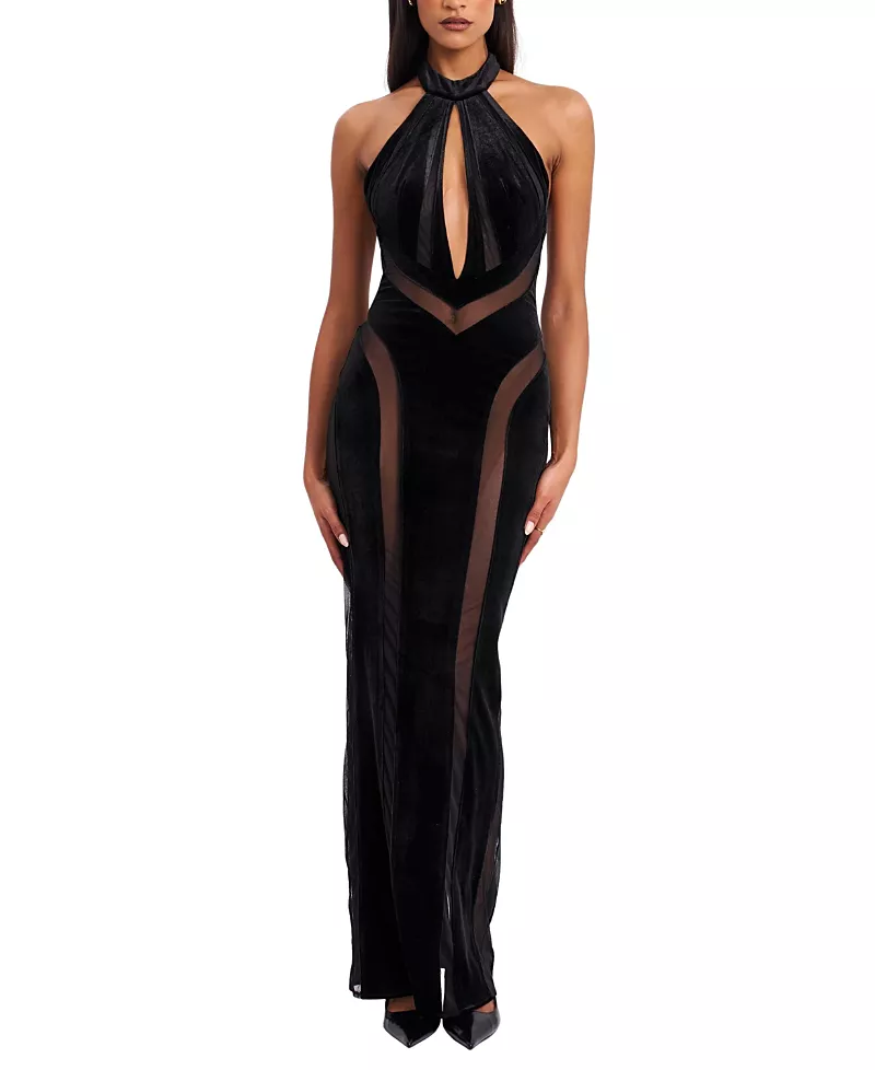 Miss Circle Paityn Velvet Mesh Cutout Halter Gown