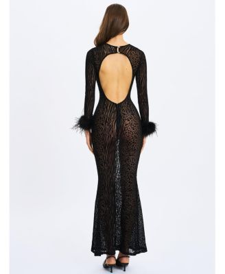  Patricia Feather Sleeve Trim Velvet Mesh Maxi Dress