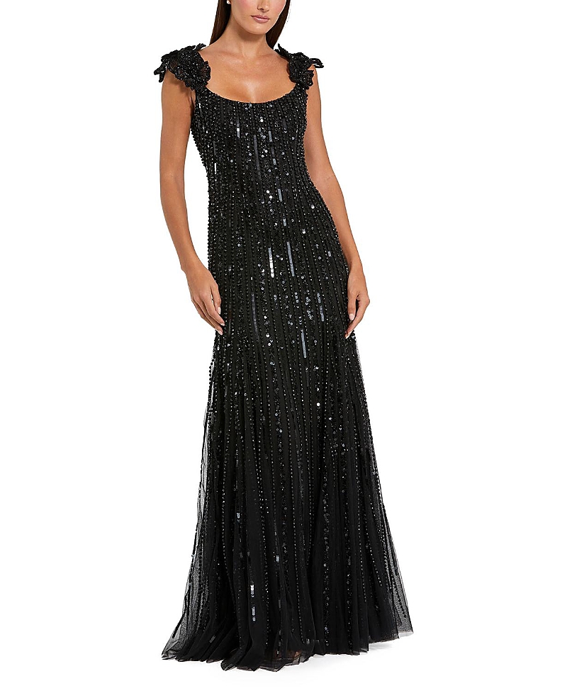 Mac Duggal Sleeveless Mesh Gown with Floral Shoulder Detail