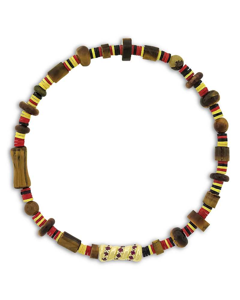 Luis Morais Men's 14K Yellow Gold Deeper Journey Ruby Swirl Tiger Eye Beaded Bracelet