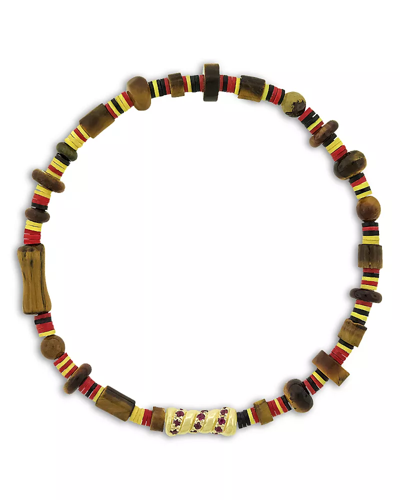 Luis Morais Men's 14K Yellow Gold Deeper Journey Ruby Swirl Tiger Eye Beaded Bracelet