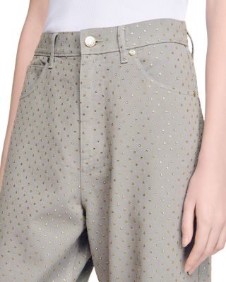 Rhinestone Embellished Wide Leg Jeans in Sand