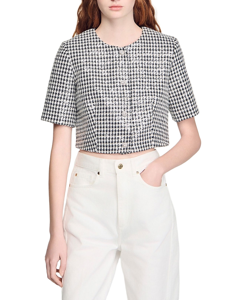 Sandro Cropped Houndstooth Tweed Jacket