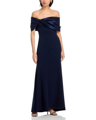 Long Scuba Crepe Off-the-Shoulder Taffeta Gown - Exclusive