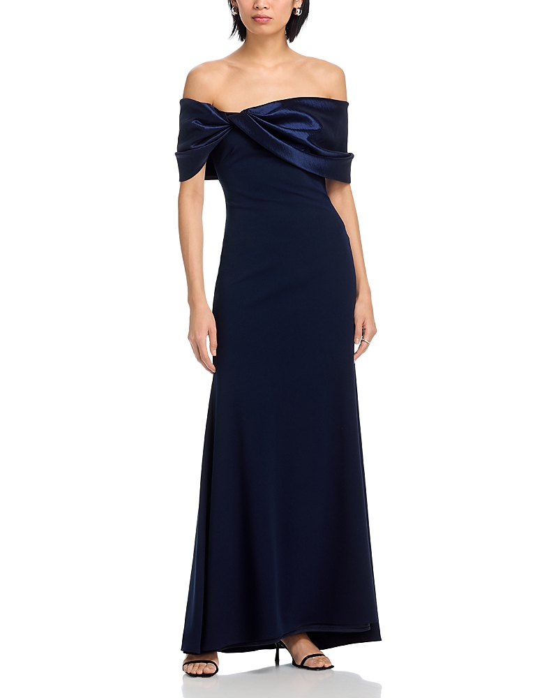 Aqua Long Scuba Crepe Off-the-Shoulder Taffeta Gown - Exclusive