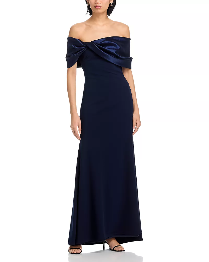 Aqua Long Scuba Crepe Off-the-Shoulder Taffeta Gown - Exclusive
