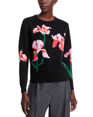 Long Sleeved Flower Jacquard Crewneck Pullover Sweater