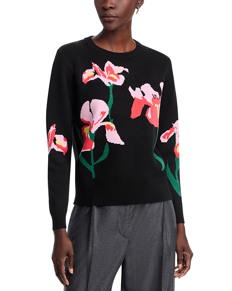 T Tahari Long Sleeved Flower Jacquard Crewneck Pullover Sweater