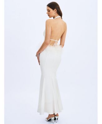  Solene Pleated Halter Backless Feather-Trim Maxi Dress
