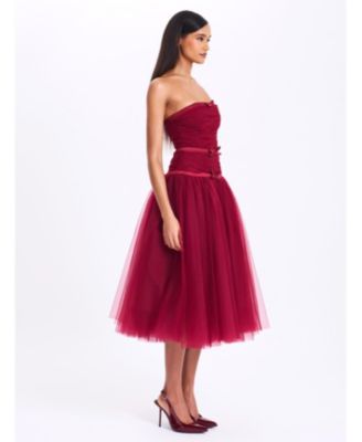  Mabel Drop Waist Layered Mesh Midi Puffy Dress with Bow