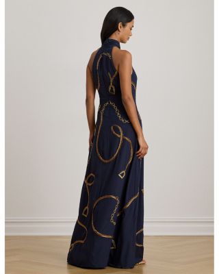 Belting Motif Sequined Crepe Halter Gown