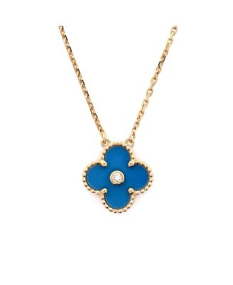  Vintage Alhambra Pendant Necklace 18K Gold and Blue Sevres Porcelain with Diamond, 14.5 - 16.25"
