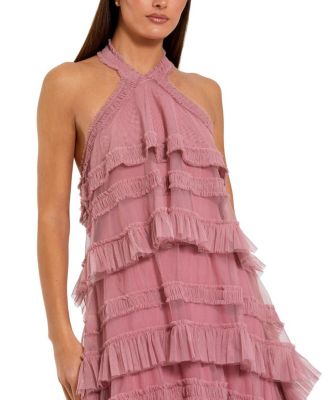 Dot Mesh Ruffle Halter Neck Ankle Dress