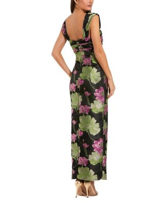  Cap Sleeve Brocade Ankle Dress with Ruffle