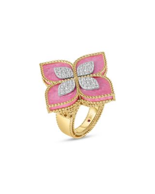 18K White & Yellow Gold Venetian Princess Rhodonite & Diamond Flower Ring