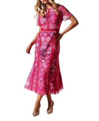 Petite Printed Lace Midi Pencil Dress