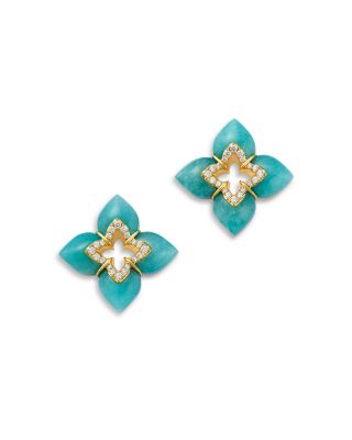 18K Yellow Gold Venetian Princess Amazonite & Diamond Flower Stud Earrings