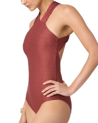 High Neck Wave Texture One Piece Swimsuit