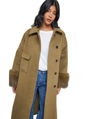 Patch Pocket Faux Fur Cuff Maxi Coat