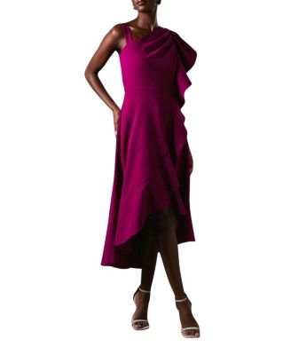 One Shoulder Crepe Ruffle Midi Dress