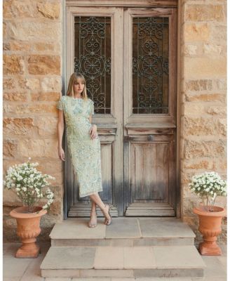  Embellished Mesh Cap Sleeve Midi Dress