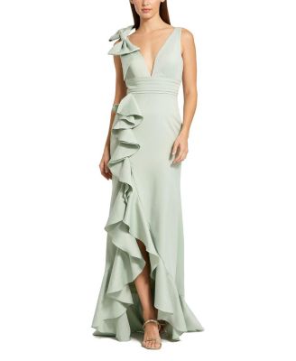  Crepe V Neck Sleeveless Gown with Bow