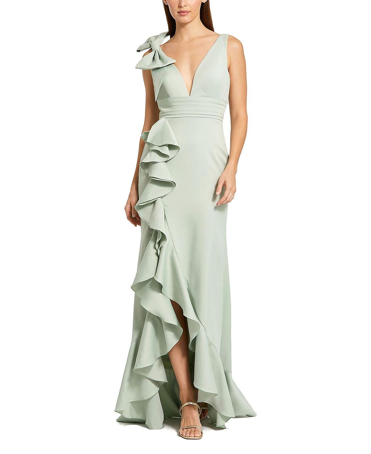 Mac Duggal Crepe V Neck Sleeveless Gown with Bow