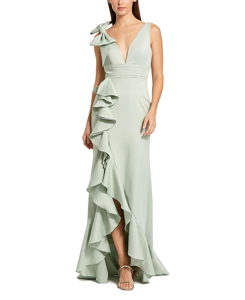 Mac Duggal Crepe V Neck Sleeveless Gown with Bow