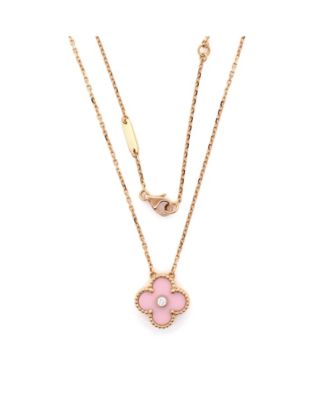  Vintage Alhambra Pendant Necklace 18K Rose Gold and Pink Sevres Porcelain with Diamond, 14.5 - 16.25"