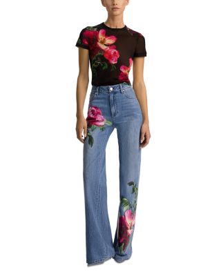 Chic High Rise Full Length Rose Print Jeans in Denver Bright Blue