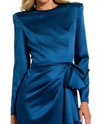  Petite Long Sleeve Satin Structured Bow Draped Column Gown