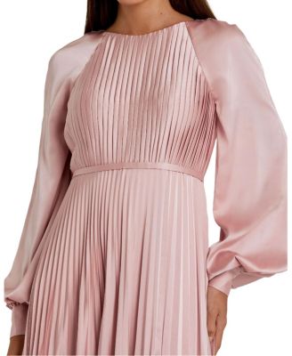  Petite Long Sleeve Pleated High Neck Gown with Slit