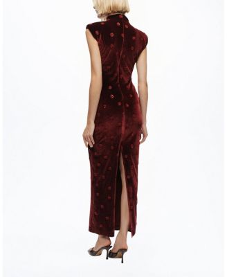 Mandarin-Collar Velvet Midi Dress