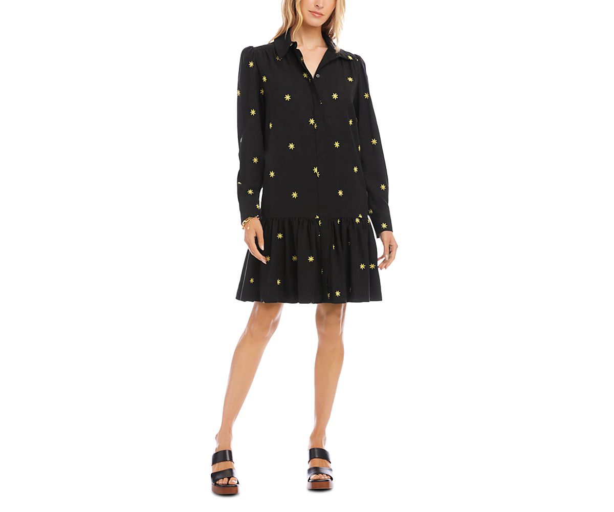 Karen Kane Long Sleeve Embroidered Ruffle Hem Dress