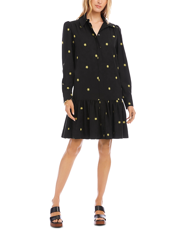 Karen Kane Long Sleeve Embroidered Ruffle Hem Dress