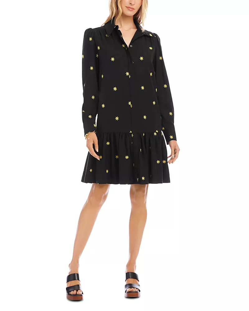 Karen Kane Long Sleeve Embroidered Ruffle Hem Dress