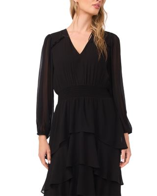 V Neck Long Sleeve Smocked Waist Dress