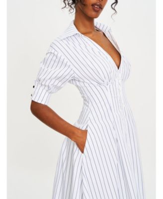  Palina Pinstripes Cotton Poplin Pleated Midi Preppy Shirt Dress