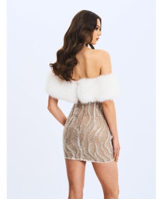  Averie Faux Fur Off-Shoulder Sequin Mini Dress