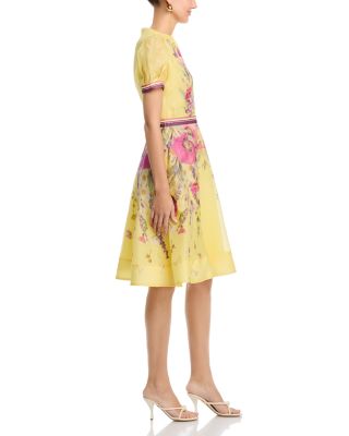 Silken Linen Short Sleeve Placed Floral Print Dress